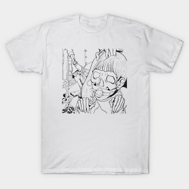 Super fun skull doll girl line drawing T-Shirt by slluks_shop